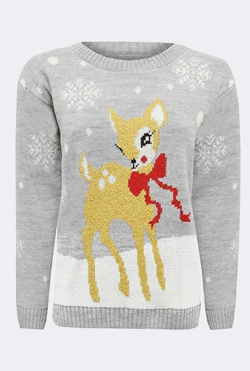 Womens Knitted Baby Deer Christmas Jumper