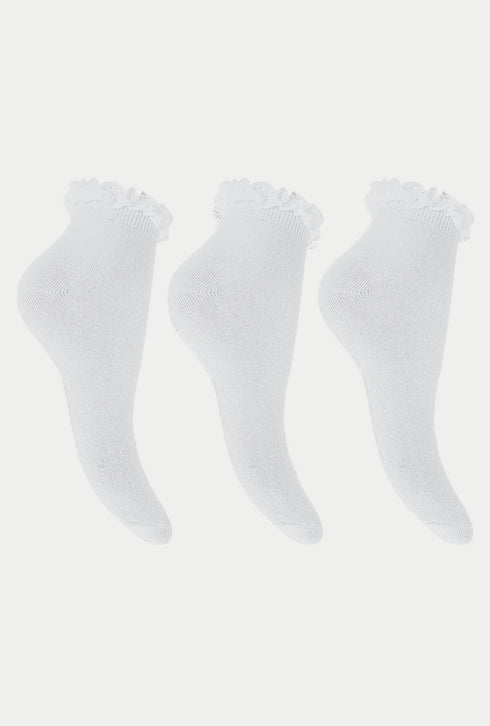 Girls 3 Pairs Ruffled Trim Frilly Lace Ankle Socks