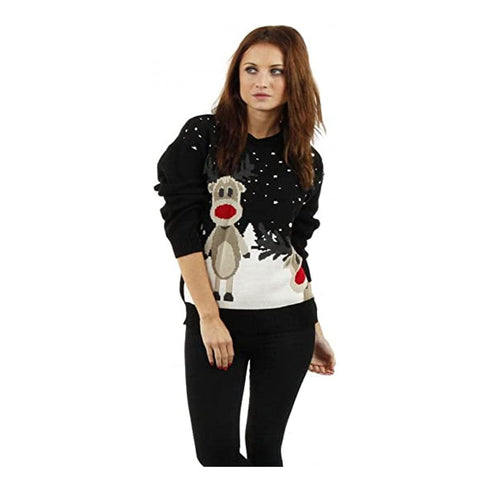 Womens Knitted Twin Reindeer Xmas Jumper