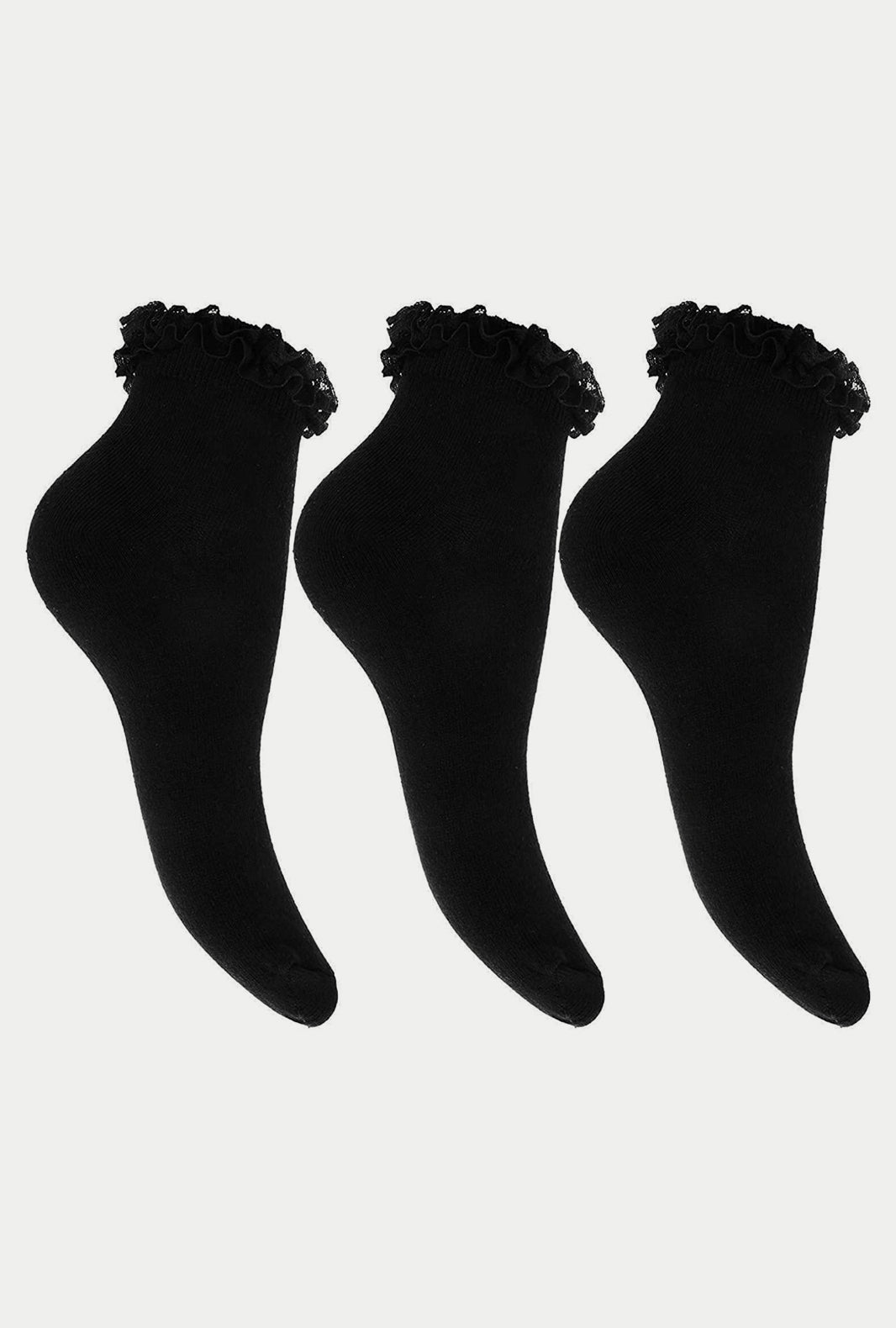 Girls 3 Pairs Ruffled Trim Frilly Lace Ankle Socks